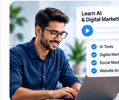 Business owner learning AI and digital marketing on a laptop
